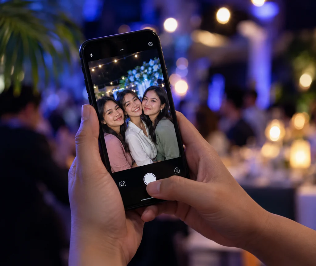 Hands holding a phone to capture three friends together