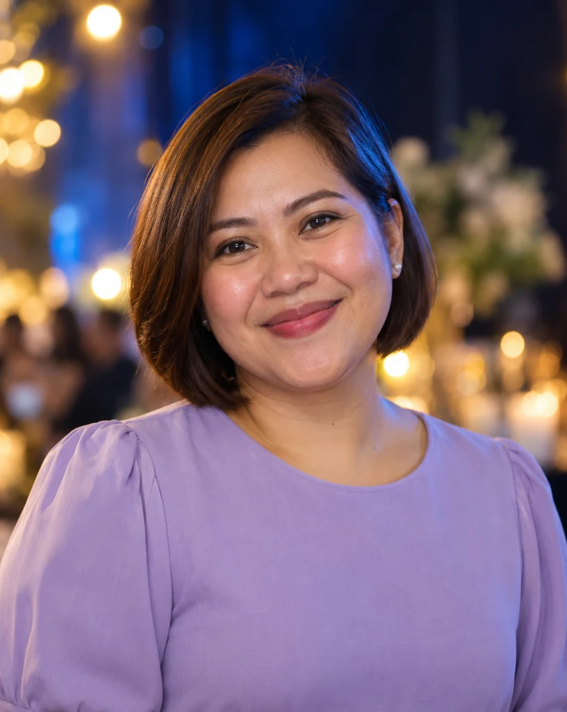 A smiling guest in a lavender blouse, before adding a frame